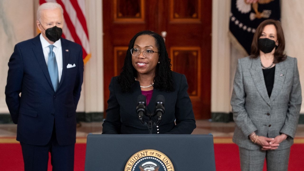 Justice Ketanji Brown Jackson, with President Joe Biden and Vice President Kamala Harris.