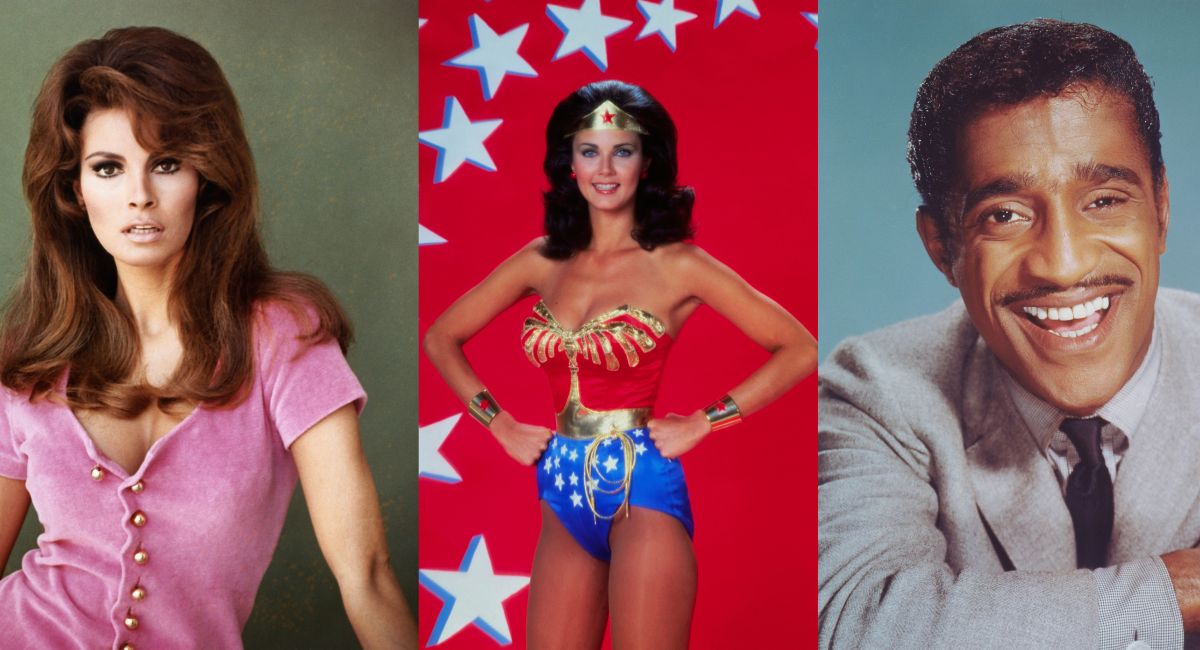 Photos of Raquel Welch, Lynda Carter, and Sammy Davis Jr.